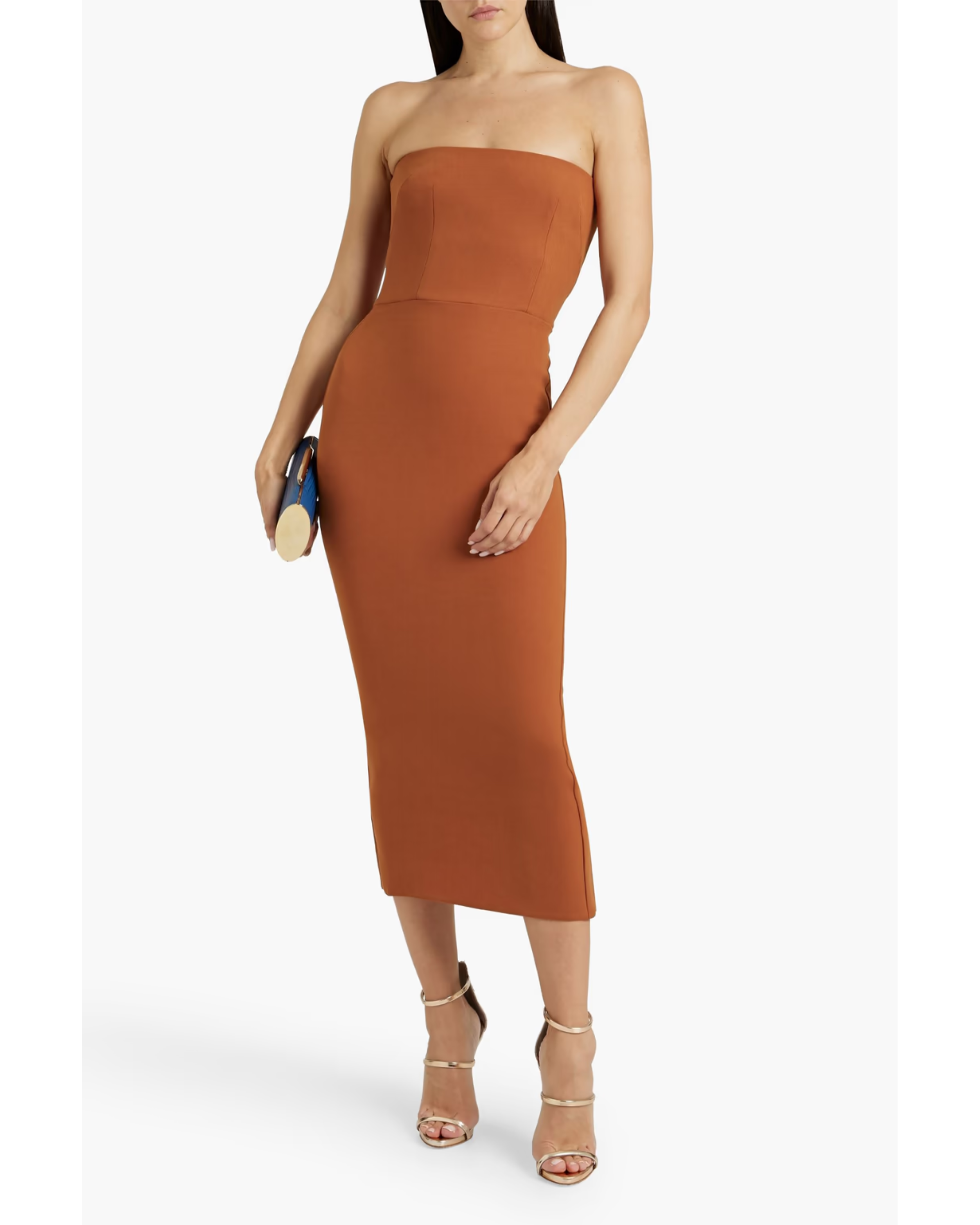 Woman modeling a rust-colored strapless stretch-crepe midi dress with strappy sandals — Alex Perry | Endless UAE