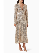 Champagne sequined midi dress with long sleeves and tie-front neckline — Rotate Birger Christensen | Endless UAE