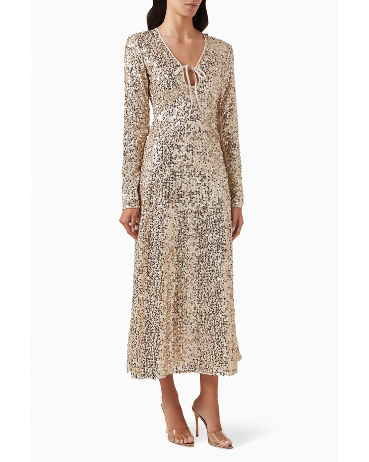 Champagne sequined midi dress with long sleeves and tie-front neckline — Rotate Birger Christensen | Endless UAE