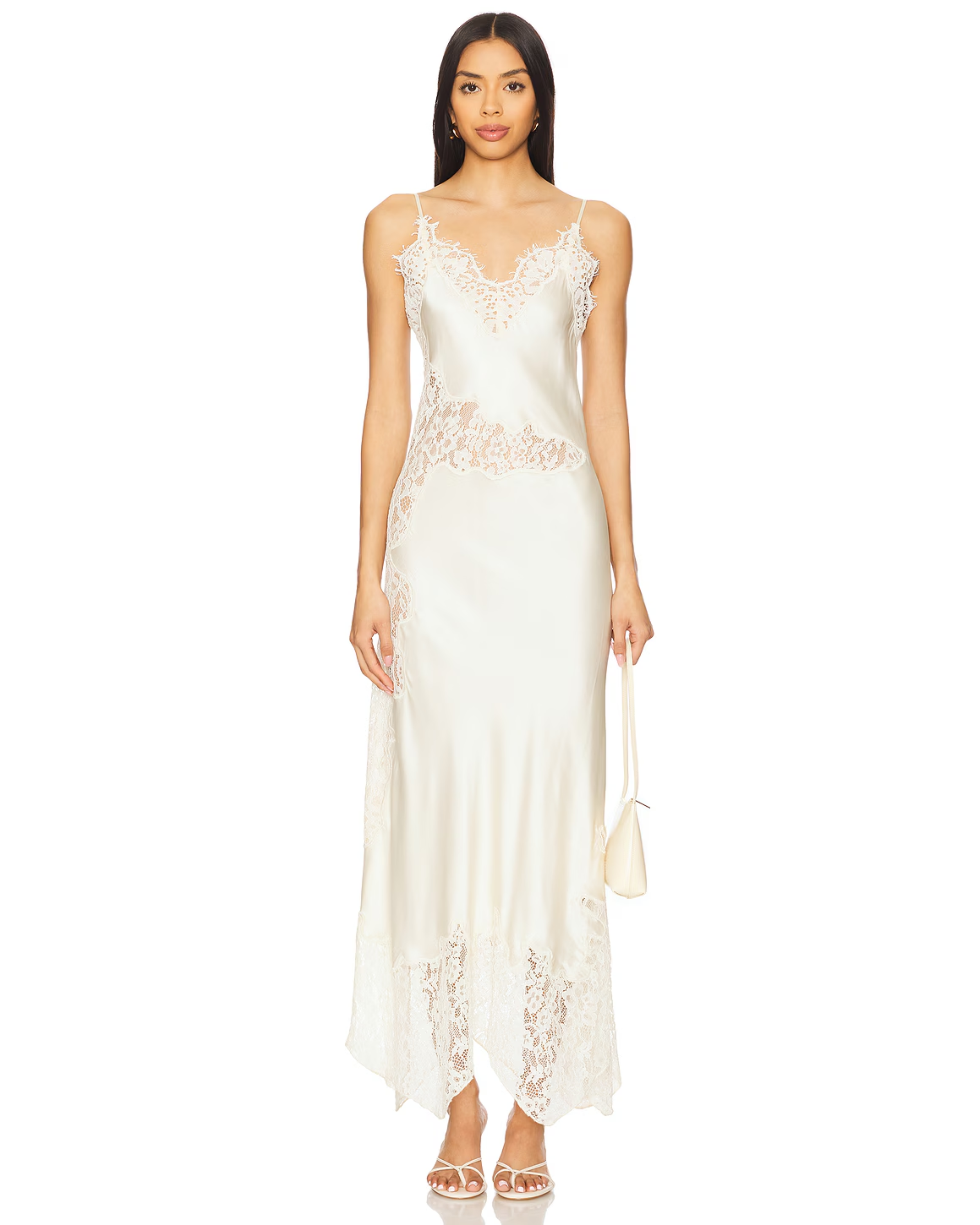 Ivory lace midi dress with V-neckline and asymmetrical hem — House of Harlow 1960 | Endless UAE
