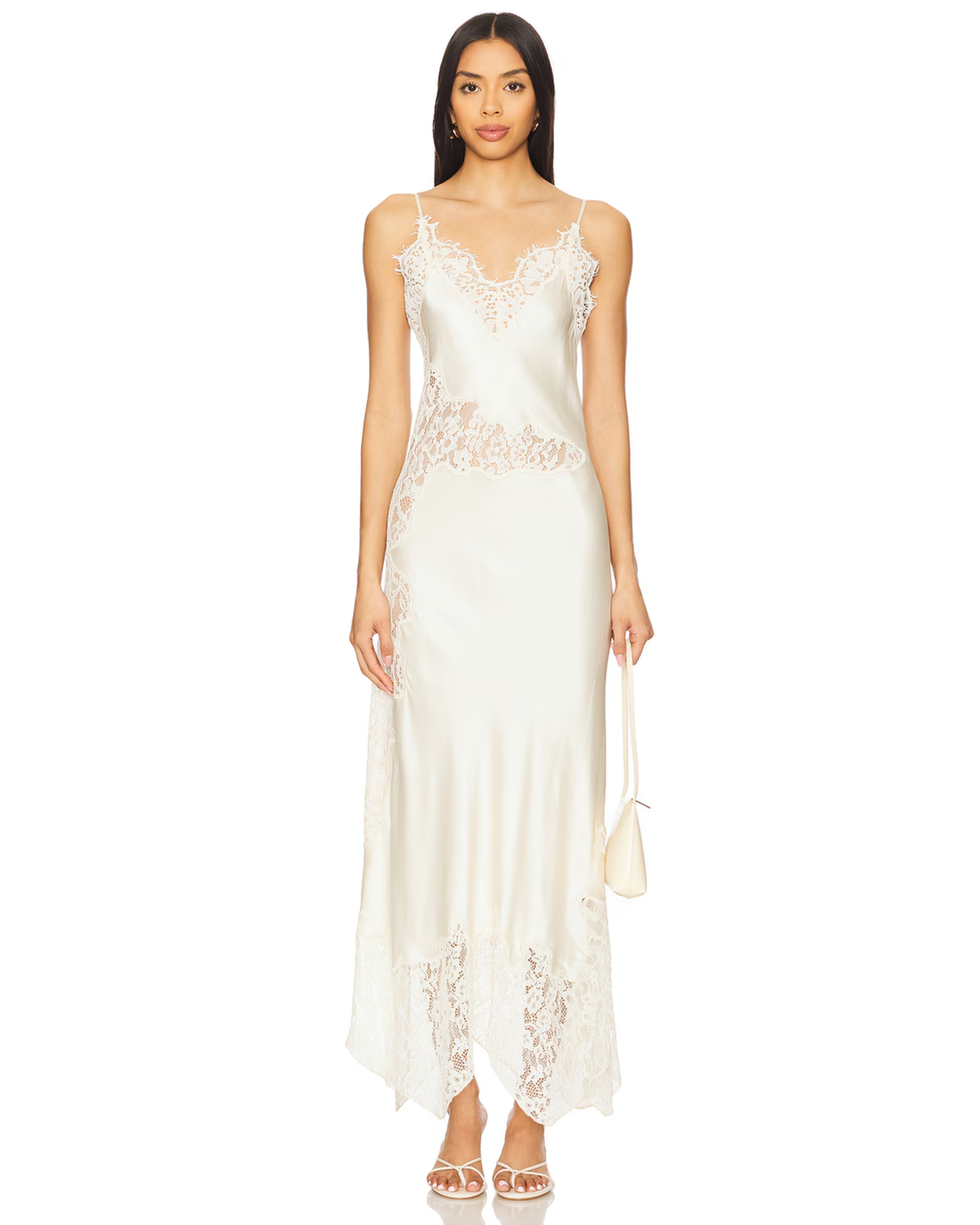 Ivory lace midi dress with V-neckline and asymmetrical hem — House of Harlow 1960 | Endless UAE