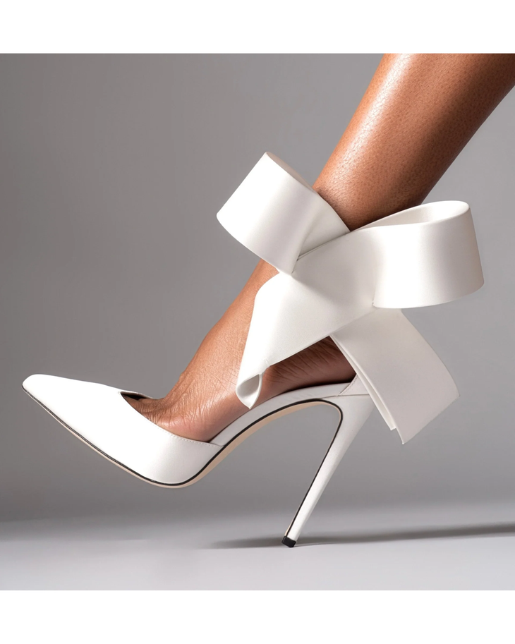 White pointed-toe stiletto pump with dramatic oversized satin bow ankle wrap detail — Aminah Abdul Jillil | Endless UAE