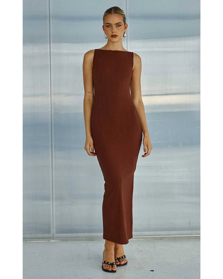 Hudson Midi Dress in burgundy ribbed fabric with sleeveless boat neckline — Runaway The Label | Endless UAE