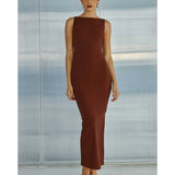 Sleeveless chocolate brown fitted midi dress with boat neckline and ankle length hem — Runaway The Label | Endless UAE