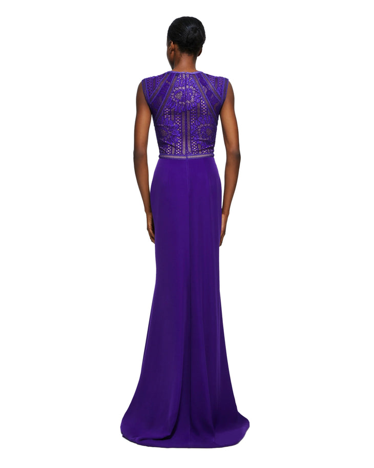 Cassidy Gown in royal purple with lace bodice and sleeveless design — Tadashi Shoji | Endless UAE