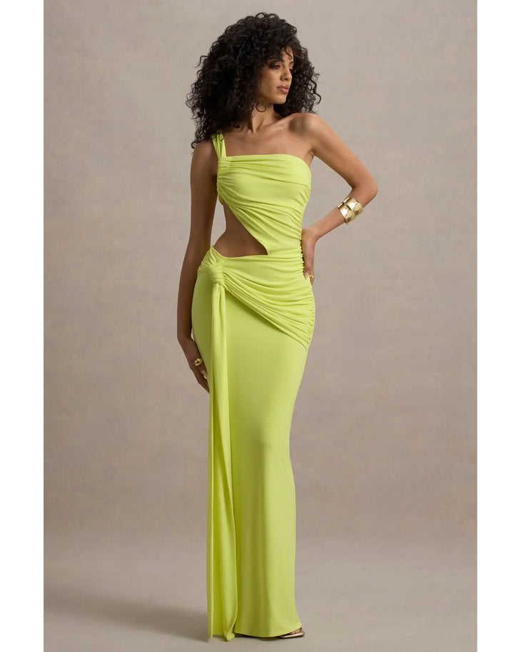 Neon yellow asymmetric maxi dress with one-shoulder neckline and wrap skirt detail — Club L London | Endless UAE