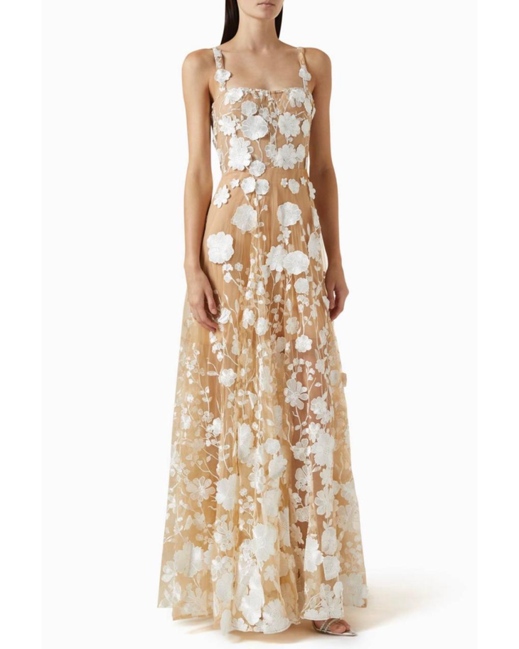 Jasmine Gown in cream floral lace with square neckline and maxi length — Bronx and Banco | Endless UAE