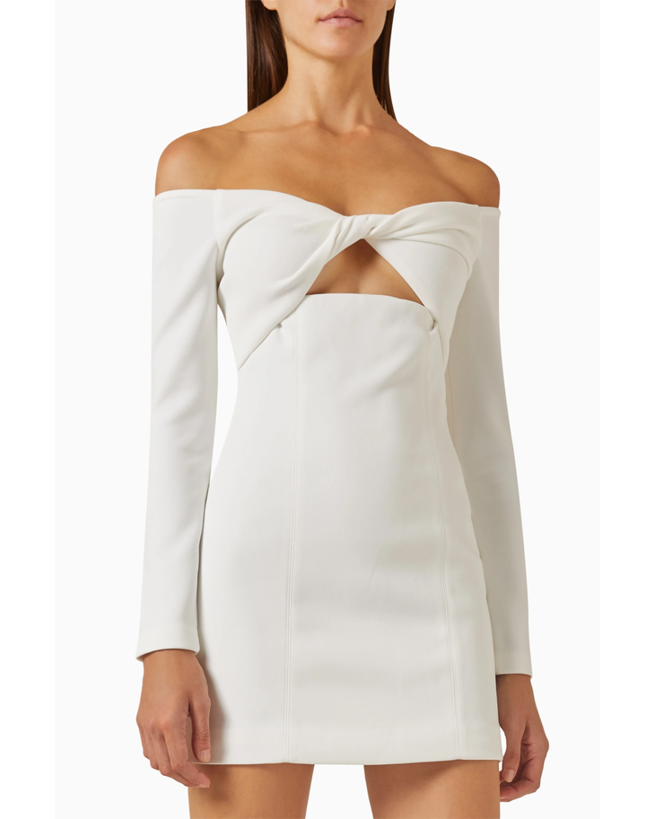 Off-shoulder mini dress with twisted cutout detail in white — Misha | Endless UAE