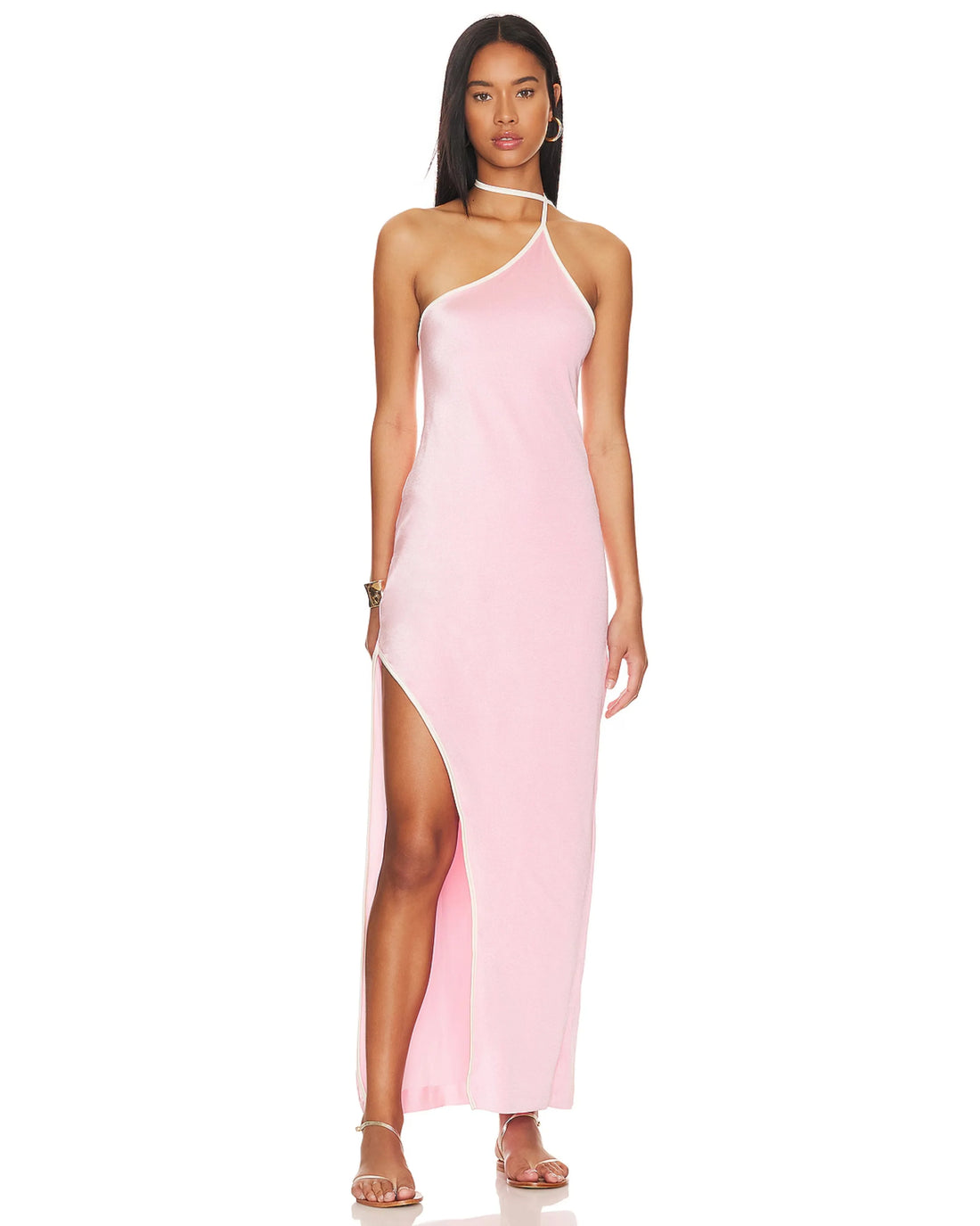 Woman wearing a pink halter neck maxi dress with a high slit — Baobab | Endless UAE
