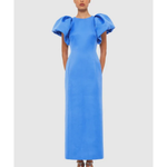 Woman wearing steel blue Lucinda Maxi Dress with puffed sleeves, viewed from back — Leo Lin | Endless UAE