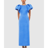 Woman wearing steel blue Lucinda Maxi Dress with puffed sleeves, viewed from back — Leo Lin | Endless UAE