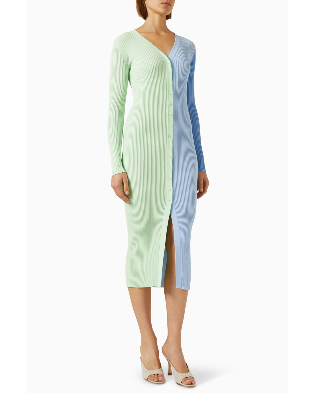 Colorblock ribbed midi dress in mint green and periwinkle blue with button-front closure — Staud | Endless UAE