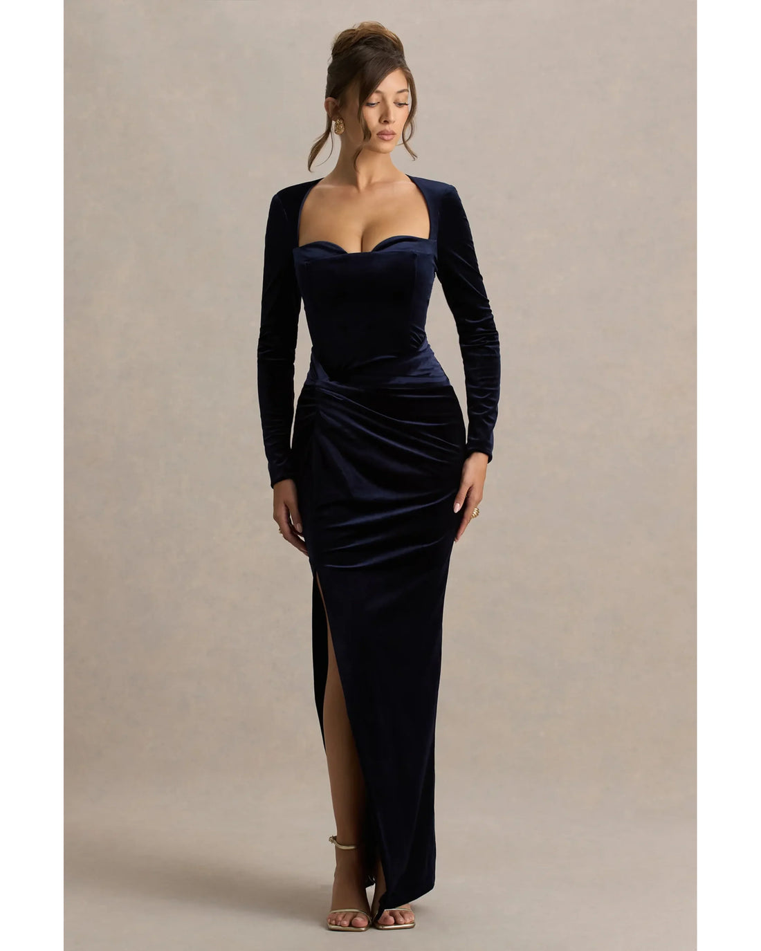 Navy velvet corset maxi dress with long sleeves and side slit — Club L London | Endless UAE