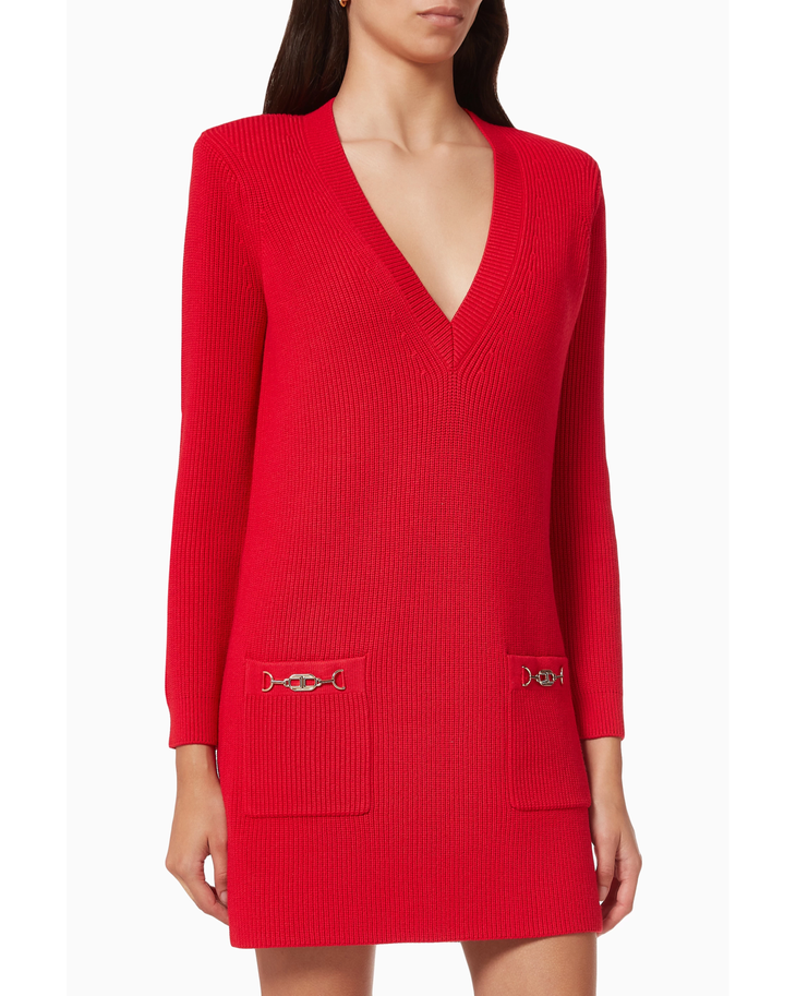 Red rib-knit mini dress with V-neck, black belt and boots — Elisabetta Franchi | Endless UAE