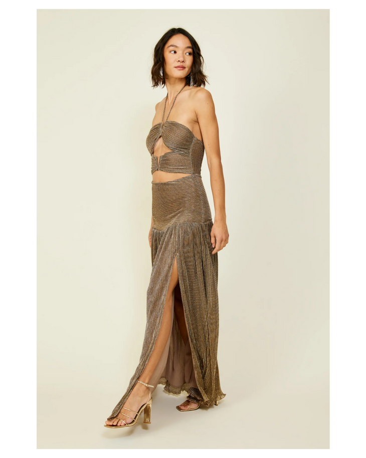 Gold halter cutout maxi dress with pleated skirt detail — Line & Dot | Endless UAE