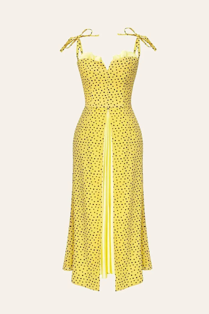 Yellow polka dot flowy slit midi dress with sweetheart neckline — Post Meridiem | Endless UAE