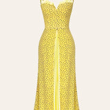 Yellow polka dot flowy slit midi dress with sweetheart neckline — Post Meridiem | Endless UAE