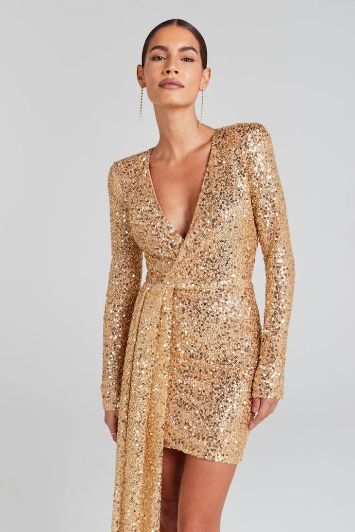 Gold sequin mini dress with plunging V-neckline and long sleeves — Nadine Merabi | Endless UAE