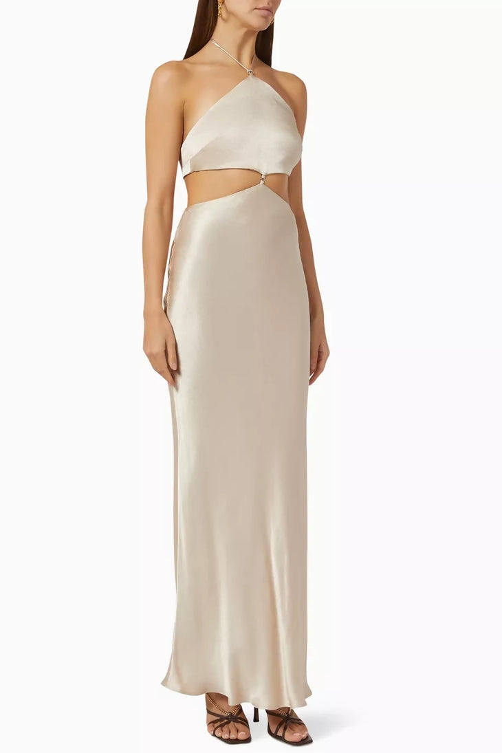 Cream halter neck maxi dress with cutout waist detail in satin — Bec + Bridge | Endless UAE