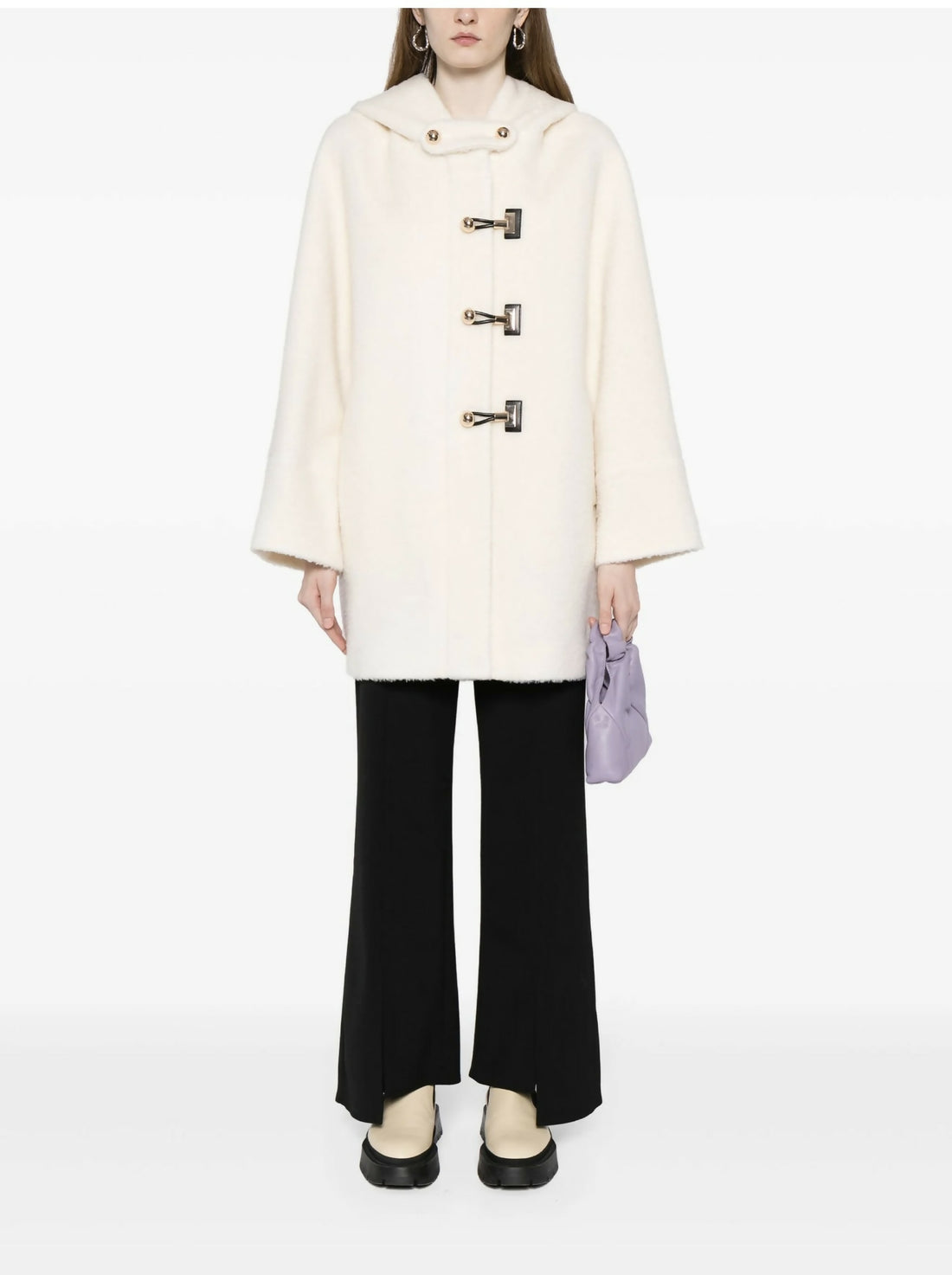 Cream hooded wool-blend coat with toggle closures, worn with black wide-leg pants and lavender bag — B+ab | Endless UAE