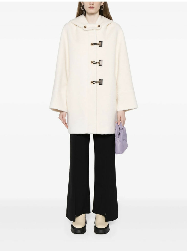 Cream hooded wool-blend coat with toggle closures, worn with black wide-leg pants and lavender bag — B+ab | Endless UAE