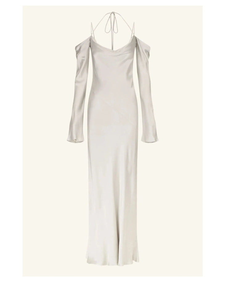 Silvery grey off-shoulder tie maxi dress with draped sleeves — Shona Joy | Endless UAE
