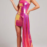 Hot pink sequin strapless mini dress with gold accents and trailing fabric detail — Nadine Merabi | Endless UAE