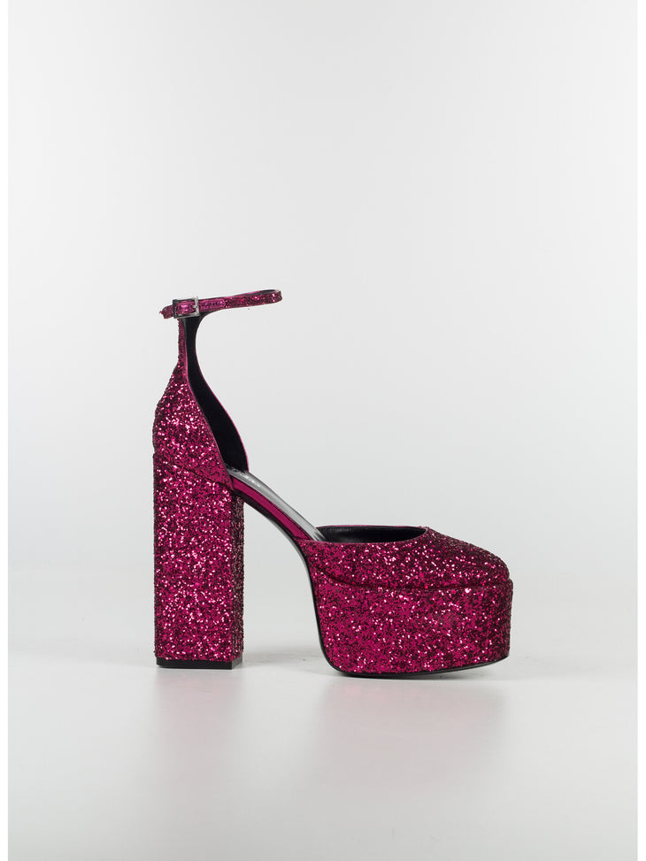 Magenta glitter platform pumps with chunky block heel and ankle strap — Paris Texas | Endless UAE