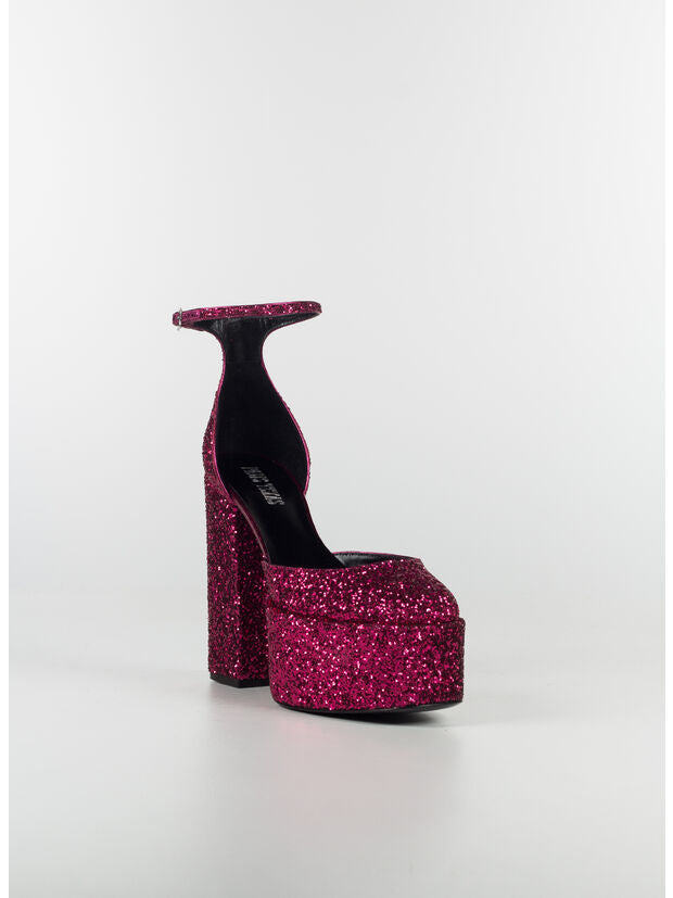 Magenta glitter platform pumps with chunky block heel and ankle strap — Paris Texas | Endless UAE