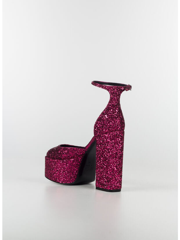 Magenta glitter platform pumps with chunky block heel and ankle strap — Paris Texas | Endless UAE