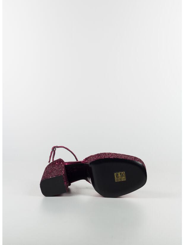 Magenta glitter platform pumps with chunky block heel and ankle strap — Paris Texas | Endless UAE