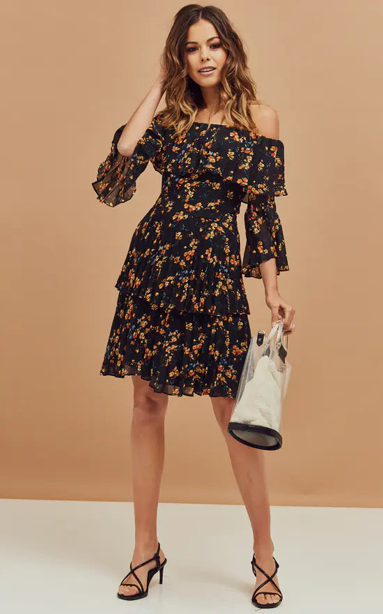 Black floral print off-shoulder mini dress with tiered ruffle layers and bell sleeves — Bardot | Endless UAE