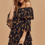 Black floral print off-shoulder mini dress with tiered ruffle layers and flutter sleeves — Bardot | Endless UAE