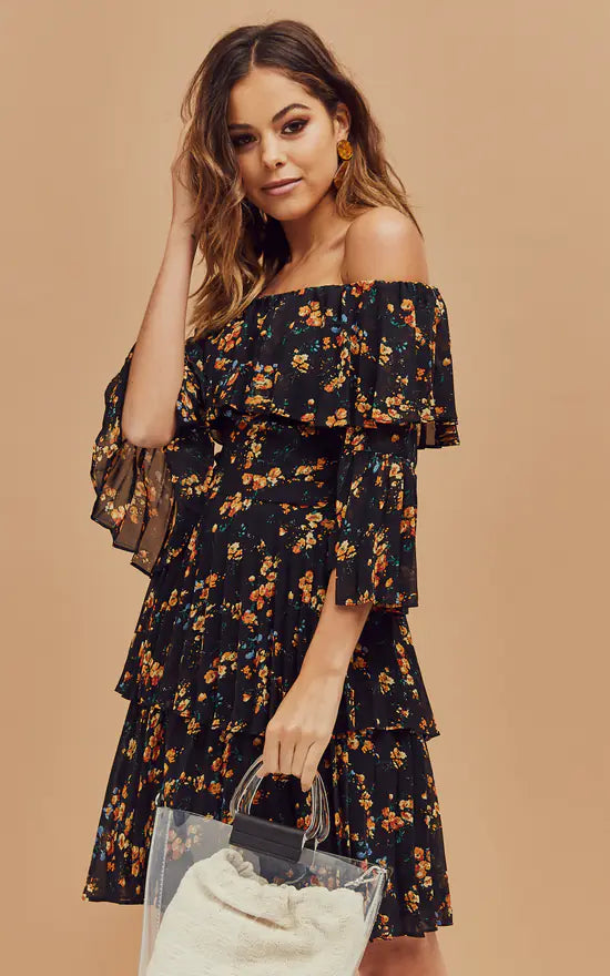 Black floral print off-shoulder mini dress with tiered ruffle layers and flutter sleeves — Bardot | Endless UAE