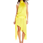 Bright yellow halterneck dress with asymmetric hem and draped waist detail — Mirae Paris | Endless UAE