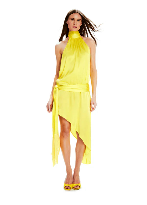 Bright yellow halterneck dress with asymmetric hem and draped waist detail — Mirae Paris | Endless UAE