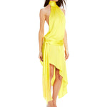 Bright yellow halter neck asymmetric dress with draped silhouette and high-low hemline — Mirae Paris | Endless UAE