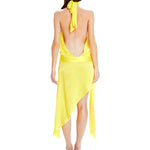 Bright yellow halter neck dress with open back and asymmetric hem, back view — Mirae Paris | Endless UAE