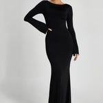 Black slinky fishtail maxi dress with long sleeves and crew neckline — Meshki | Endless UAE