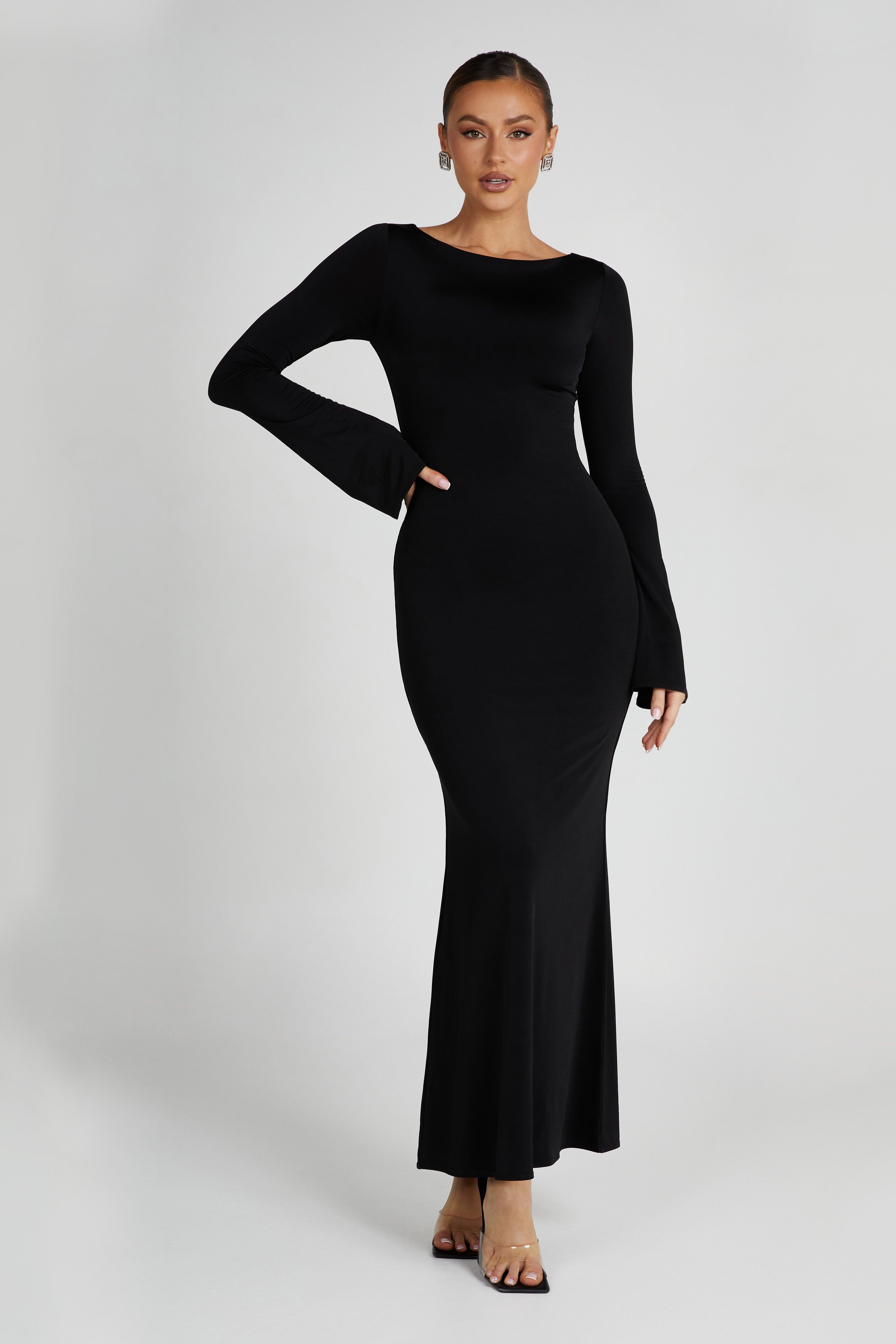 Black slinky fishtail maxi dress with long sleeves and crew neckline — Meshki | Endless UAE