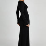 Black slinky fishtail maxi dress with long sleeves and crew neckline — Meshki | Endless UAE