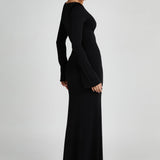 Black slinky fishtail maxi dress with long sleeves and crew neckline — Meshki | Endless UAE