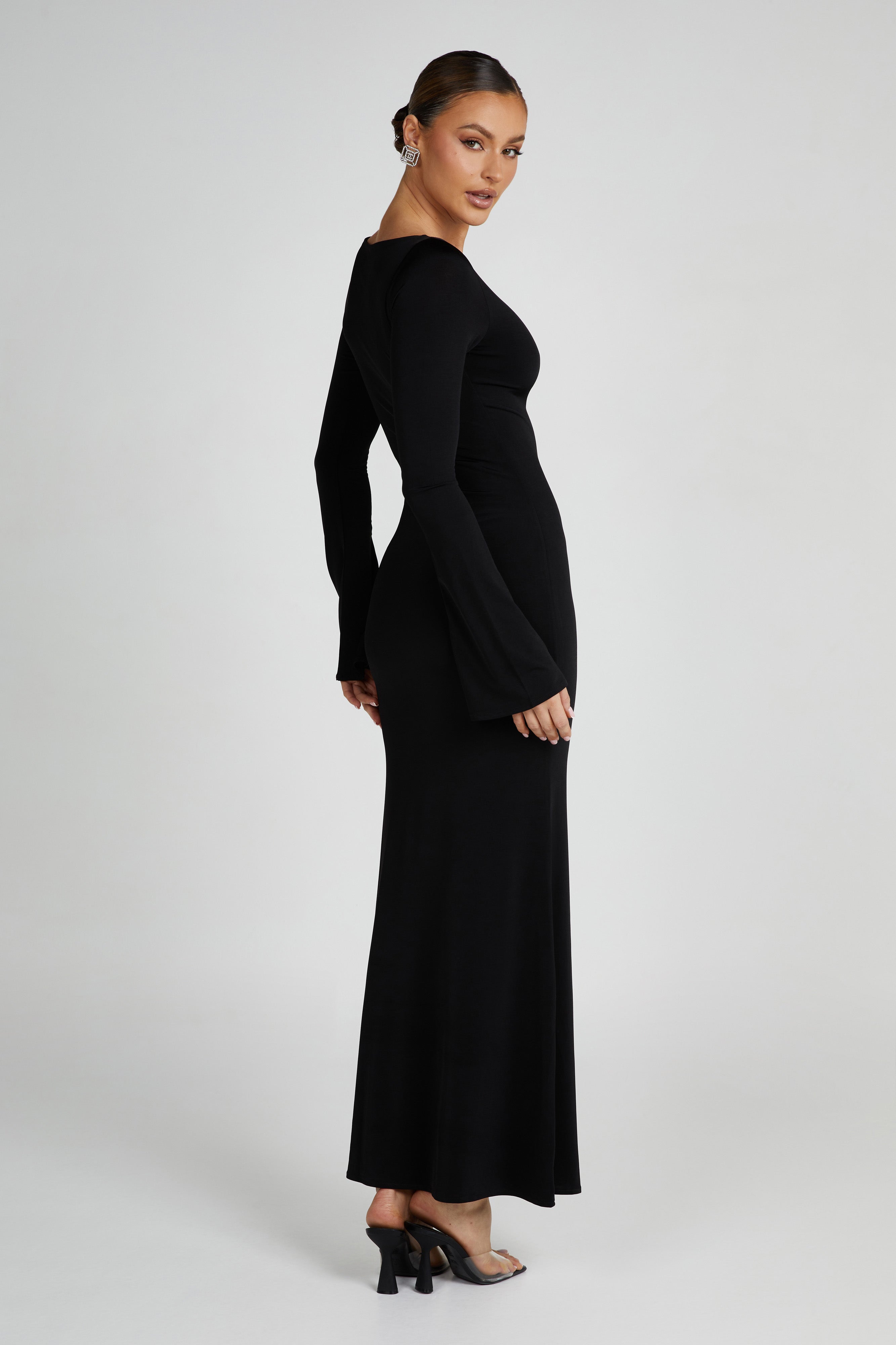 Black slinky fishtail maxi dress with long sleeves and crew neckline — Meshki | Endless UAE