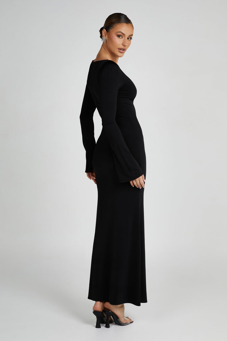 Black slinky fishtail maxi dress with long sleeves and crew neckline — Meshki | Endless UAE