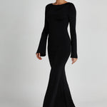 Black slinky fishtail maxi dress with long sleeves and crew neckline — Meshki | Endless UAE