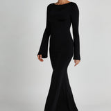 Black slinky fishtail maxi dress with long sleeves and crew neckline — Meshki | Endless UAE