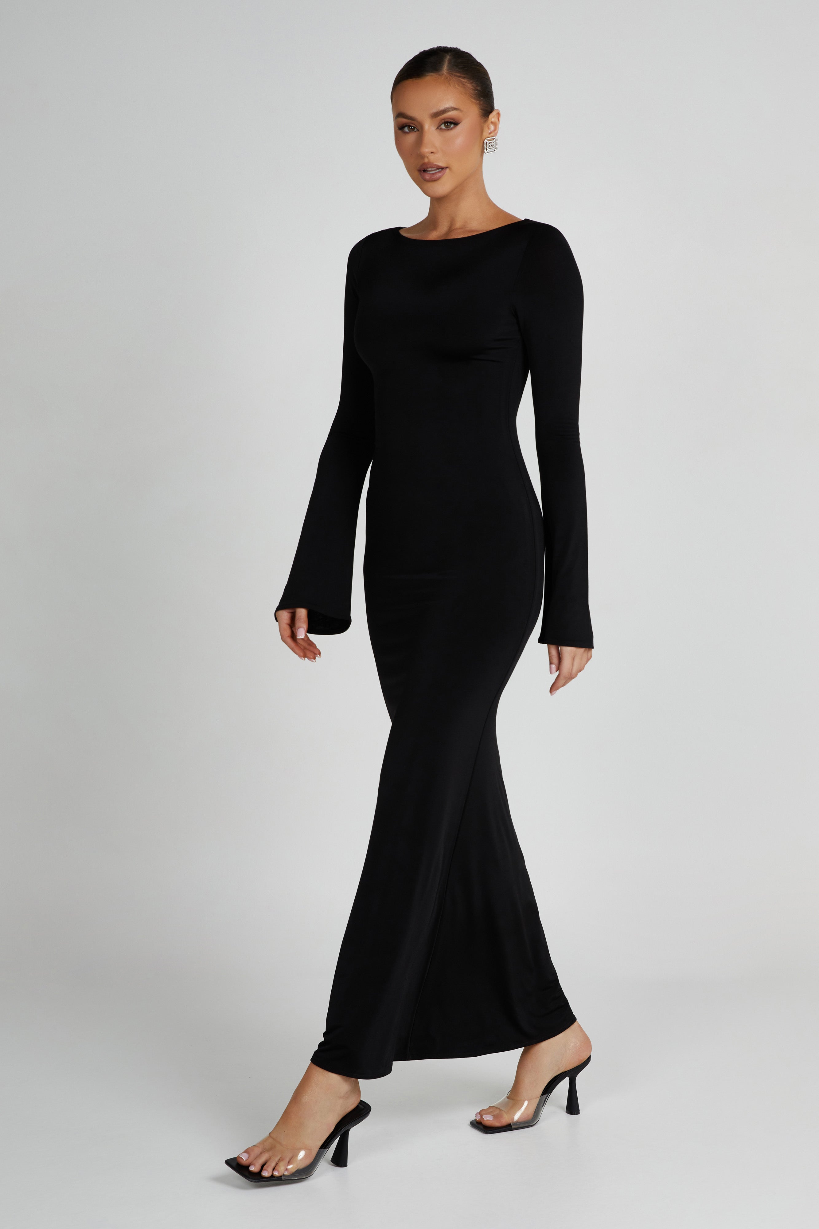 Black slinky fishtail maxi dress with long sleeves and crew neckline — Meshki | Endless UAE