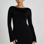Black slinky fishtail maxi dress with long sleeves and crew neckline — Meshki | Endless UAE