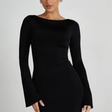 Black slinky fishtail maxi dress with long sleeves and crew neckline — Meshki | Endless UAE