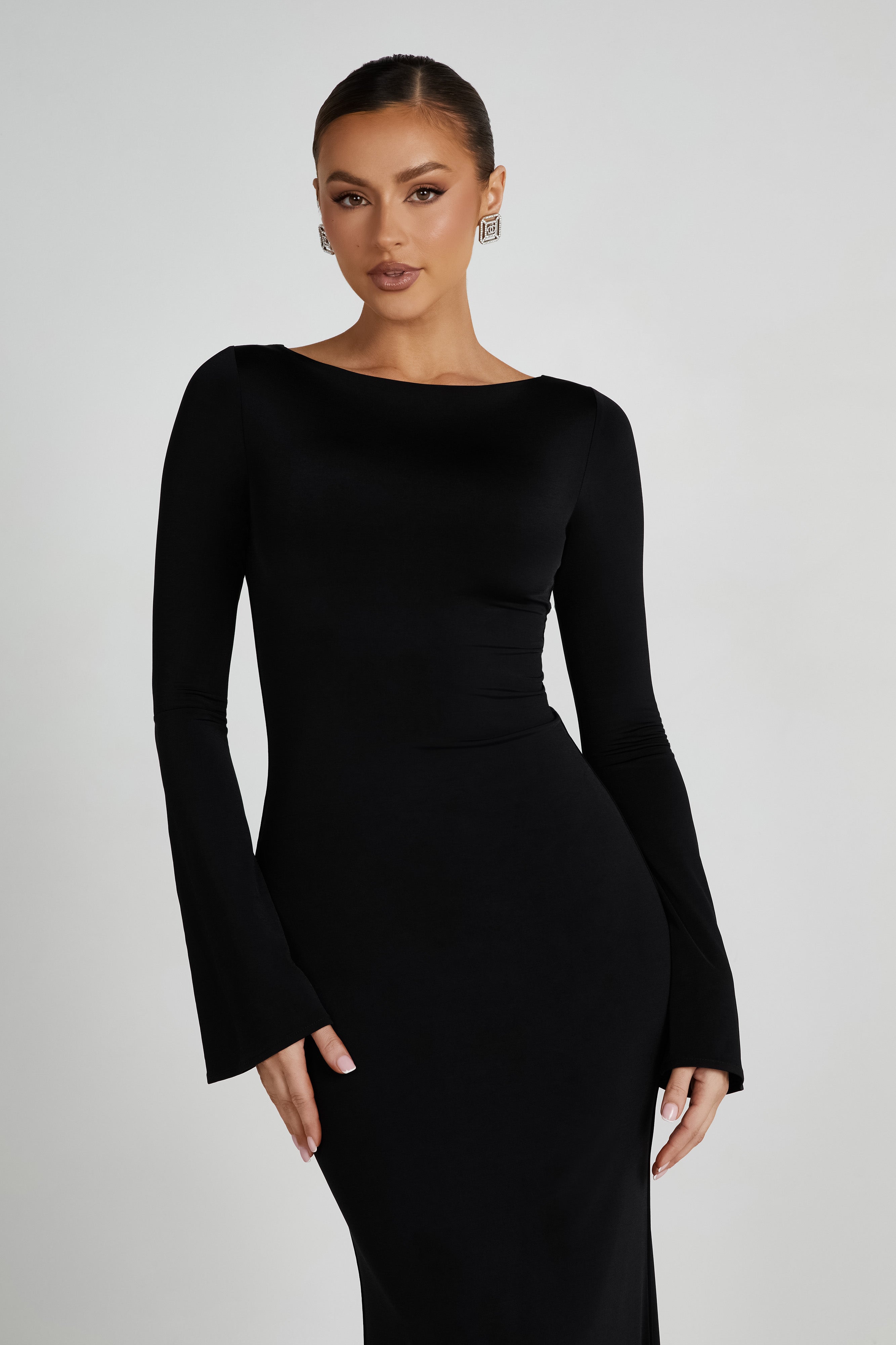 Black slinky fishtail maxi dress with long sleeves and crew neckline — Meshki | Endless UAE